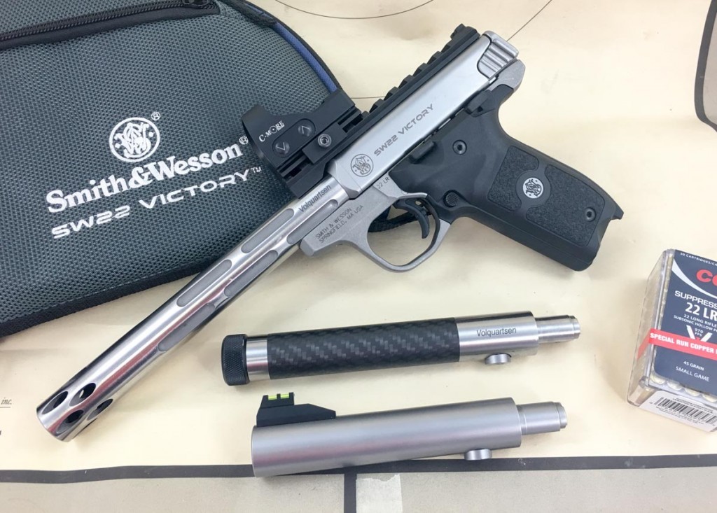 Installation of an aftermarket barrel like these two Volquartsen models is a piece of cake. The factory barrel is on the bottom.