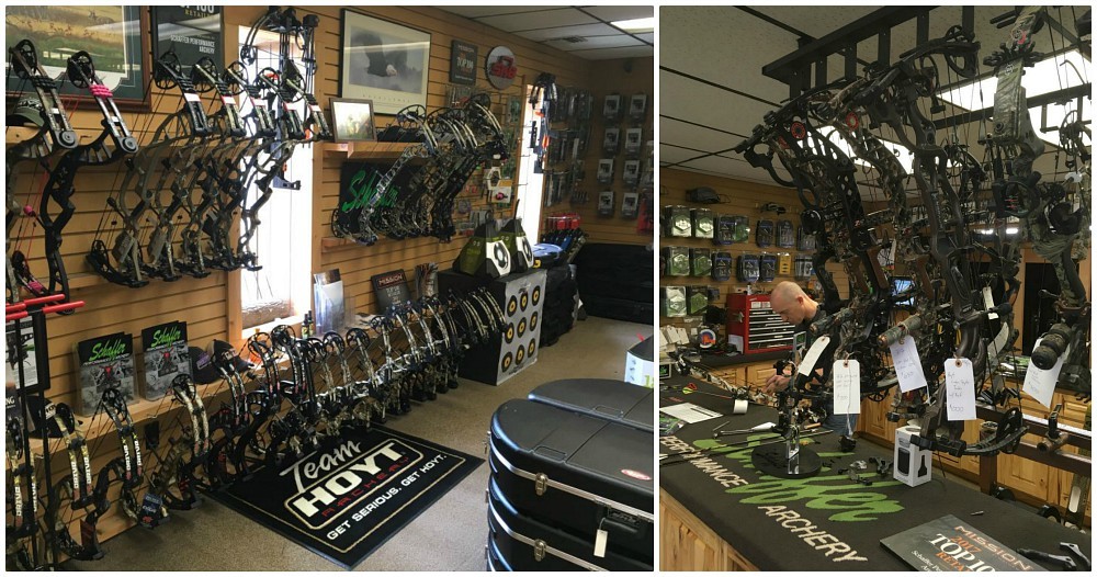 Collage Schaffer archery bows on wall and consignmenbt
