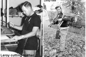 Collage Leroy cutting leather and hunting